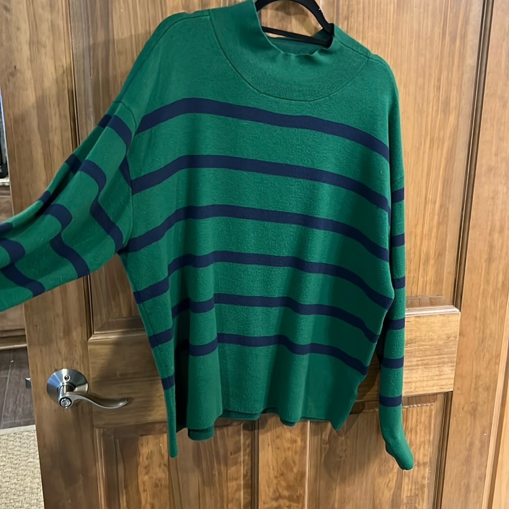 Maeve by Anthropologie L Green with Navy Strip Mock Neck Sweater